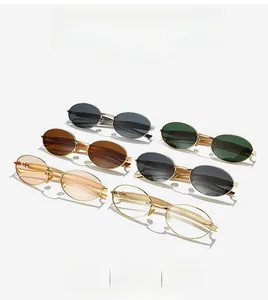 Detailed collection of vintage oval sunglasses with metallic frames in multiple lens colors