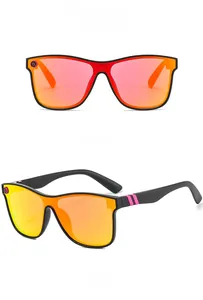 Front and side view of sporty matte black sunglasses with red mirrored lenses