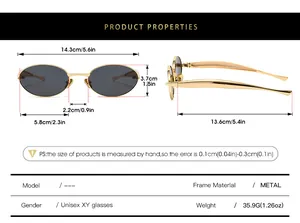 Detailed size chart for oval sunglasses showing frame width, lens height, and arm length