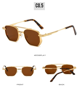 Detailed multi-angle views of square metal sunglasses with brown lenses and gold frames