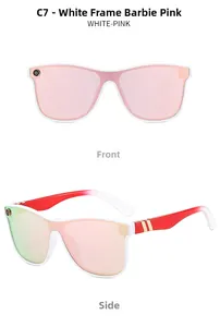 Front and side views of white frame sunglasses with pink lenses and gradient temples