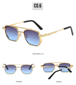 Three-view layout of hexagonal metal sunglasses with blue-purple gradient lenses