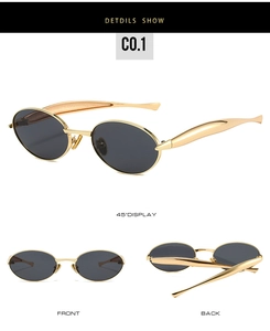 Three perspectives of oval gold metal sunglasses featuring dark lenses and sleek design
