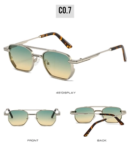 Three views of retro square sunglasses with silver metal frame and gradient lenses