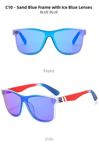 Detail view of model C10 sunglasses featuring blue frames and American flag temple art
