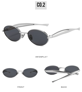 Three views of silver oval metal sunglasses with dark grey lenses and folding frame detail
