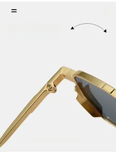 Detail of durable texture hinge on golden metal square frame sunglasses for men