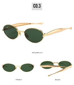 Three views of oval metal sunglasses with gold frames and dark green lenses