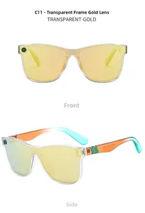 Detail view of transparent sunglasses frame with gold mirror lens and colorful temples