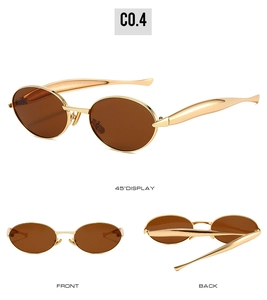 Detailed macro view of vintage oval gold metal sunglasses with brown lenses from three angles