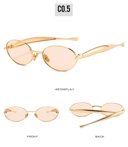 Detailed views showing front, back and 45-degree angle of gold oval metal sunglasses