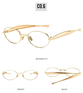 Three views of golden oval metal sunglasses showing front, back, and 45-degree angle display
