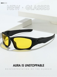 Detail of matte black frames and yellow lenses on tactical sports sunglasses