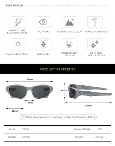 Detailed size chart and technical specs for sport sunglasses with UV400 lens icons