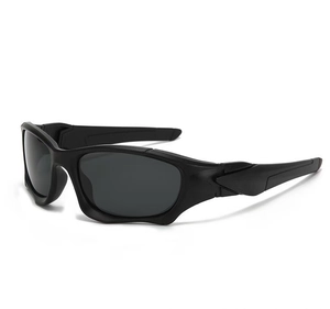 Side view of matte black sports sunglasses with polarized grey lenses and wrap-around frame