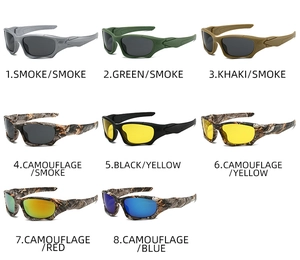 Grid display of sports tactical sunglasses with multiple frame colors and polarized lenses