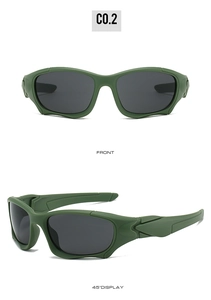 Army green tactical sunglasses detail showing front and 45-degree angle views of frame