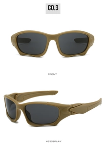 Front and side view of tactical wrap-around sports sunglasses with matte khaki frames