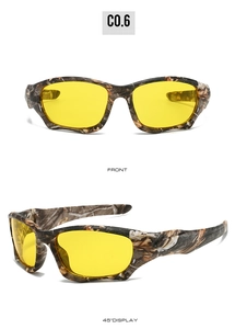 Front and 45-degree angle view of tactical sports sunglasses with camouflage frames
