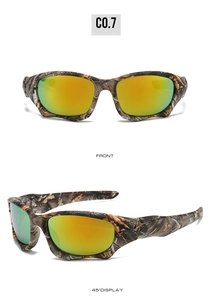 Front and 45-degree angle views of camo sports sunglasses with tactical gradient lenses