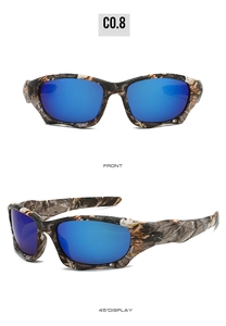 Detail view of military green camo frame tactical sunglasses with blue mirrored lenses