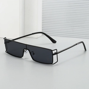 Retro rectangle metal sunglasses in black with unique hollow frame side design