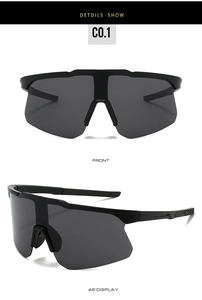 Détail de lunettes de vélo noires avec verre gris monobloc et branches antidérapantes