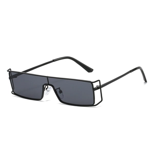 Retro rectangle metal frame sunglasses with dark grey lenses in 45-degree side view