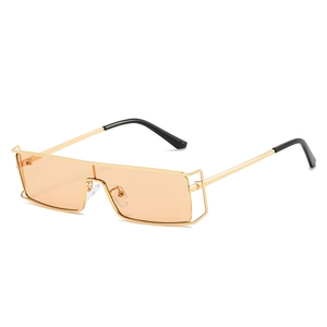 Retro flat top oversized shield sunglasses with gold metal frame and orange lenses