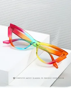 Macro detail of cat-eye glasses with vibrant rainbow gradient frame on a white podium