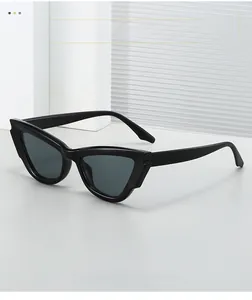 Close-up of retro cat-eye sunglasses with thick black frames and dark lenses