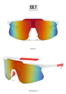 Vues détaillées avant et latérale de lunettes de cyclisme blanches avec verres arc-en-ciel