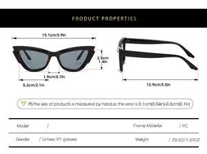 Size chart for small cat eye sunglasses detailing frame width and lens height dimensions