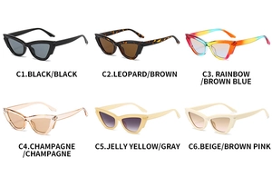 Detail view of cat eye sunglasses collection in six colors like black and leopard