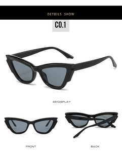 Detailed views showing the front, back, and 45-degree angle of black cat-eye sunglasses