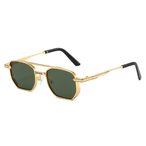 Retro square metal sunglasses with gold double bridge frame and dark green lenses