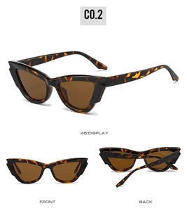 Retro cat-eye sunglasses with tortoise frame shown in front, back and 45-degree views