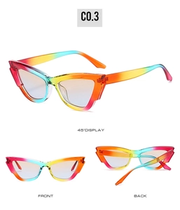 Three angles of cat eye sunglasses featuring a vibrant rainbow gradient plastic frame