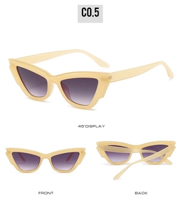 Three-way view of cat eye sunglasses with cream frame and purple gradient lenses