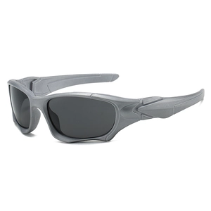 Mens tactical sports sunglasses with silver matte frame and dark grey UV lenses