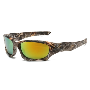 Tactical camo sports sunglasses with orange mirrored lenses for fishing and outdoor activities