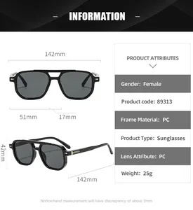Detailed size chart for retro square sunglasses with measurements and PC frame specs