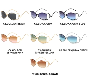 Catalogue détaillé de lunettes de soleil sans monture avec logo M en sept variations