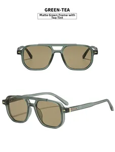 Detailed view of sand green matte pilot sunglasses with protective tea lenses
