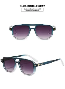 Detail of aviator sunglasses with blue gradient frames and dual grey gradient lenses