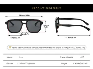 Detailed size chart for double-bridge aviator sunglasses with frame and lens measurements
