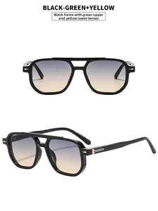 Detail of vintage square sunglasses with black frame and blue-yellow gradient lenses