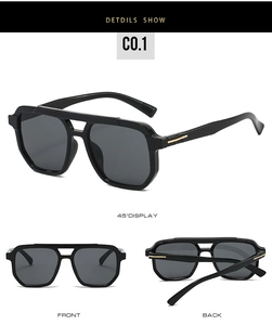 Detailed views of black double bridge aviator sunglasses with gold metal accents