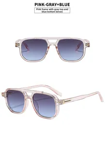 Detail view of retro pink frame sunglasses with gradient gray and blue lenses