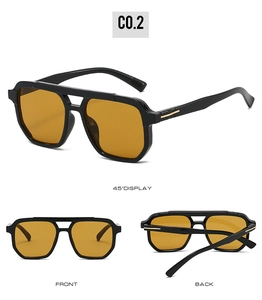 Detailed three-view display of black double-bridge aviator sunglasses with amber lenses